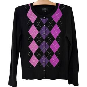 Apt 9 | Cashmere Cardigan Sweater Buttons Argyle Preppy Black Pink- Size Medium